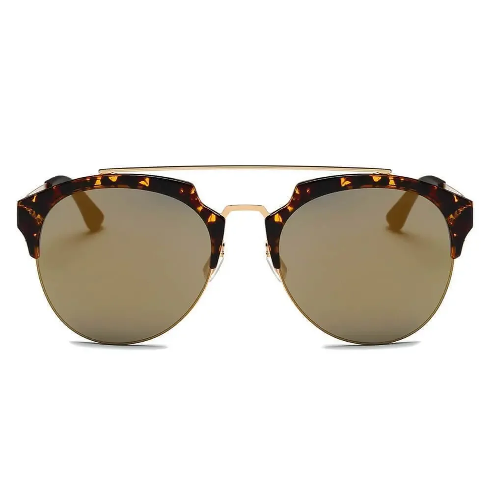 Women Half Frame Horned Rim Cat Eye Fashion Mirrored Lens Tortoise Sunglasses